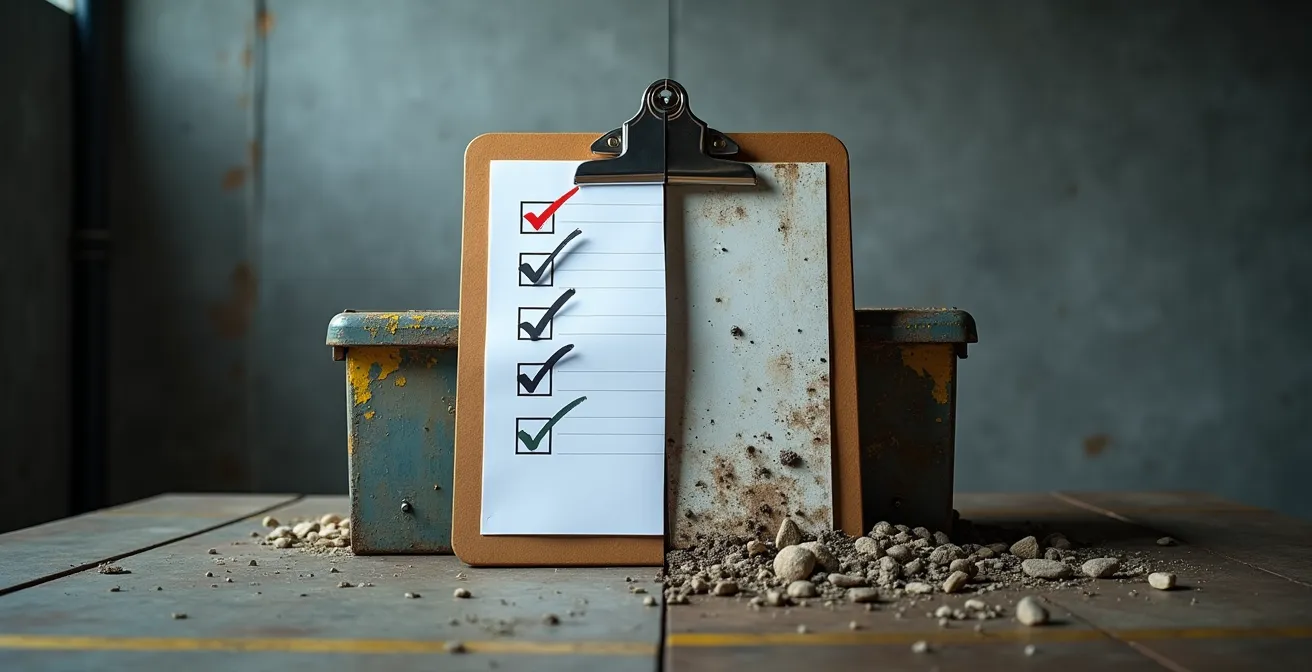 Photorealistic image showing contrast between audit documentation and actual EPA conditions