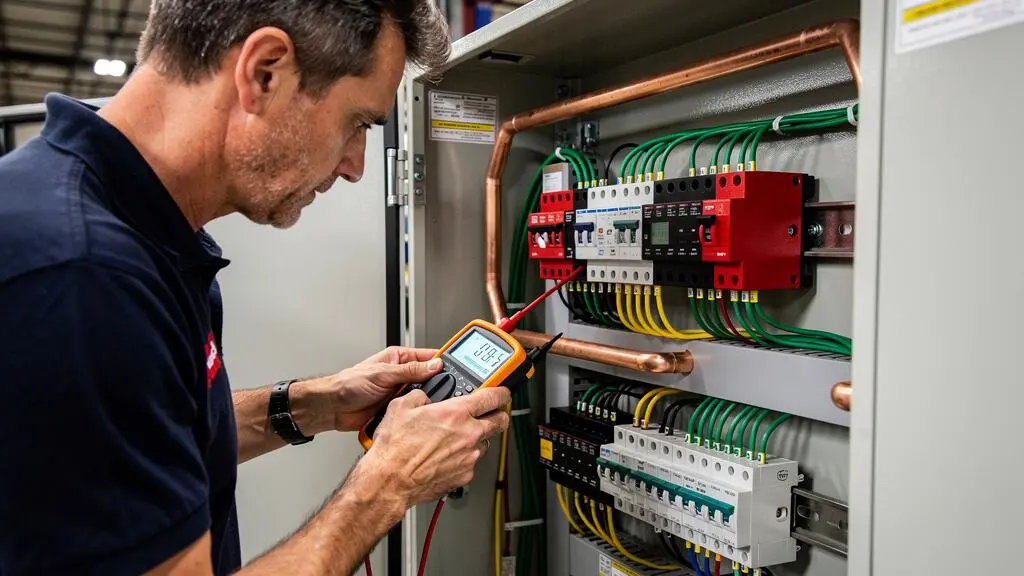 Electrical technician testing surge protection device with multimeter inside industrial electrical cabinet