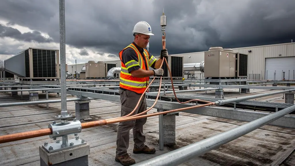 Industrial safety technician inspecting lightning protection system grounding connections on an industrial facility rooftop