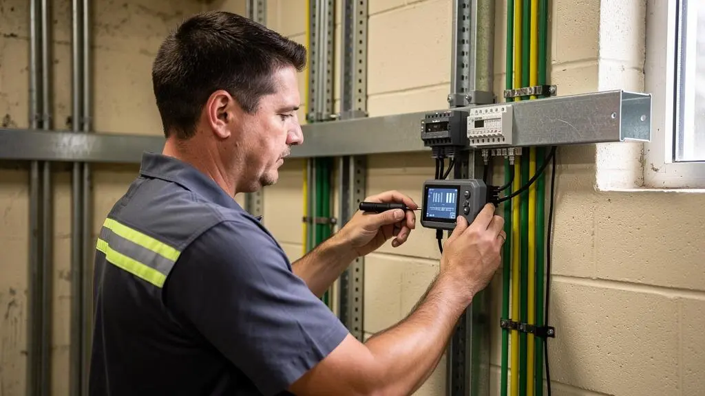 Technician installing digital monitoring sensor on lightning protection grounding system inside industrial facility